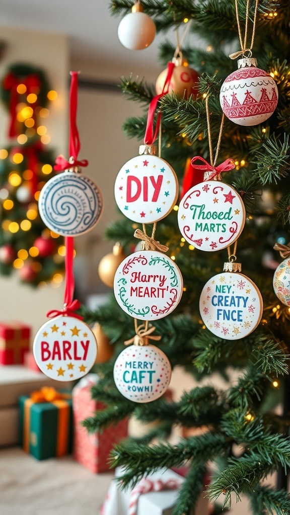 Colorful DIY Christmas doodle ornaments on a decorated tree.